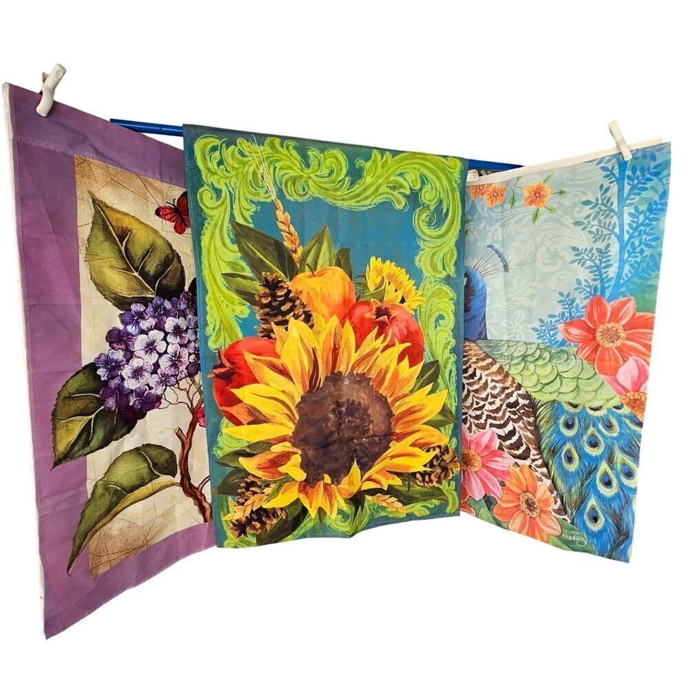 Evergreen Outdoor Garden Flags Set of 3 Sunflower Peacock Hydrangea 29 x  42